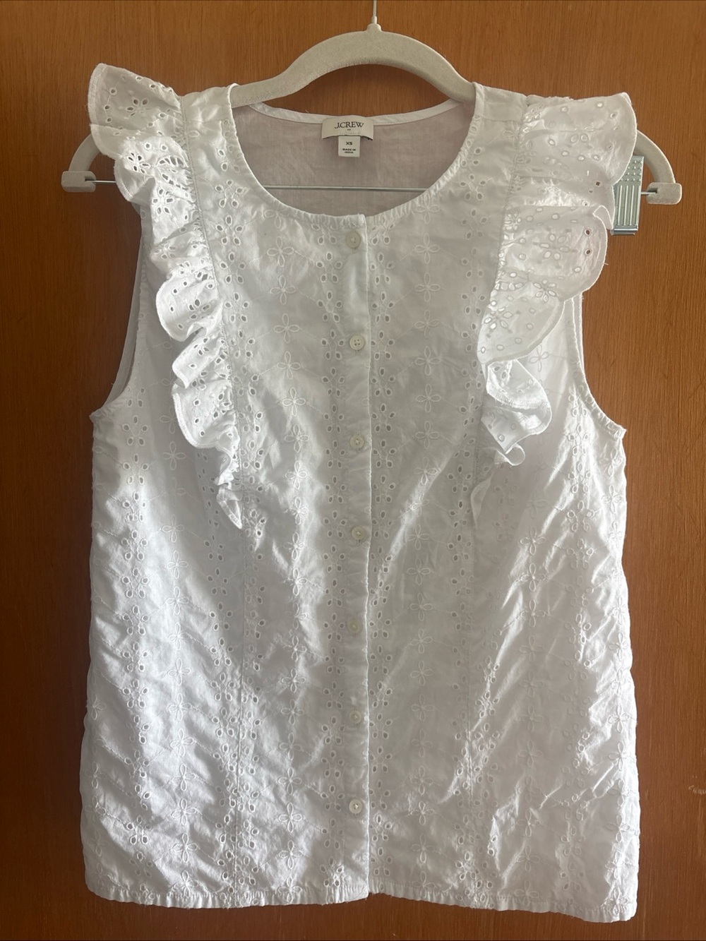 J. Crew White Eyelet Ruffle Button front Sleeveless Top